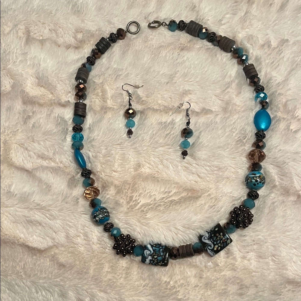 Handcrafted Teal and Brown Beaded Necklace & Earrings Set